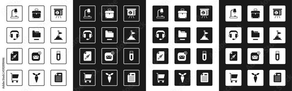 Aufkleber set board with graph, document folder, headphones, table lamp, mountains flag top, briefcase, usb fl