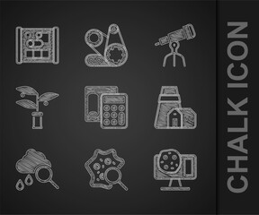 Set Calculator, Microorganisms under magnifier, Genetic engineering, Power station plant, Cloud with rain, Plant breeding, Telescope and Graphing paper for icon. Vector