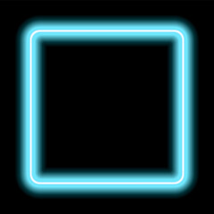 Neon glowing frame. Illuminated geometric shape. Sign in shape of squares, template design element. Bright color rectangular with blank emptyspace inside