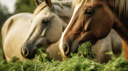 Naklejka na ściany i meble Horses eating green fodder in the farm. Generative AI