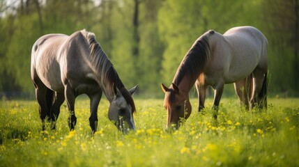Horses eating green fodder in the farm. Generative AI