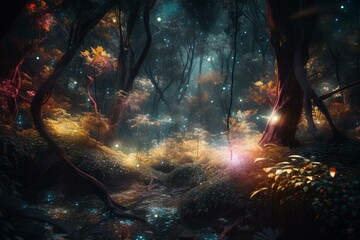 Naklejka na ściany i meble Shiny glowing magical forest. Generative AI