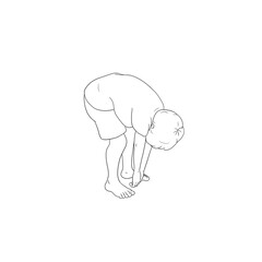 Kids Yoga Joga für Kamel, Asana Hund, Freizeit, Hobby, Achtsamkeit. Junge barfuß in Yoga Haltung, macht fröhliches Gesicht, lächelt, ist entspannt, erholt sich. Freude und Ausgeglichenheit