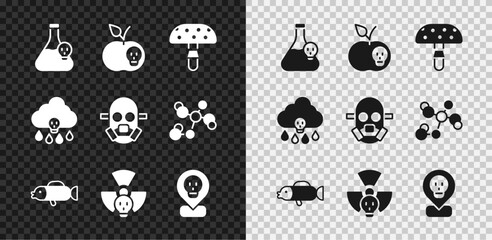 Set Beaker with toxic liquid, Poison apple, Fly agaric mushroom, Puffer fish, Radioactive, in location, Acid rain and Gas mask icon. Vector
