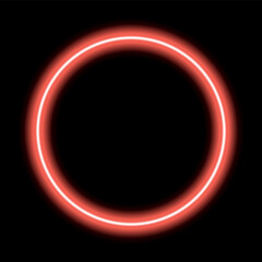 Neon glowing frame, e-circle. Illuminated geometric shape. Sign, template design element. Bright multicolored circle with blank emptyspace inside