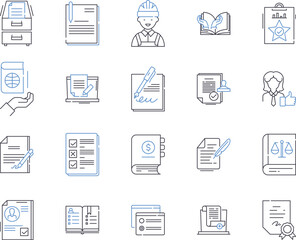 higher education outline icons collection. Universities, Colleges, Degrees, Graduate, Post-Graduate, Masters, Doctorate vector and illustration concept set. Research, Learning, Professors linear signs