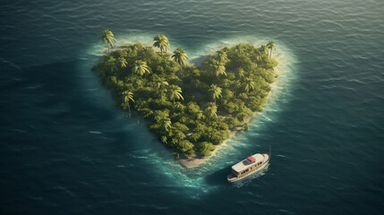 Tropical island in the shape of a heart and floating boat. Generative AI