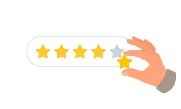 Customer hand give rating 5 stars. Vector illustration of review rating and feedback. Flat design isolated on white background.