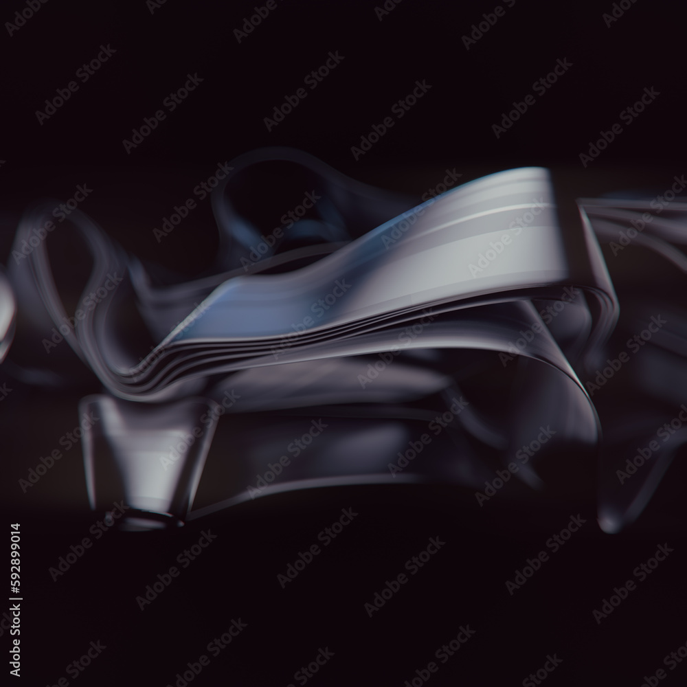 Poster beautiful shiny fluctuating dark strips of fabric in the wind. 3d rendering digital illustration
