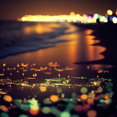 Generative ai of city lights and beach bokeh background