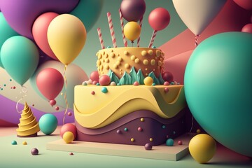 Generative ai of 3D Birthday cake and balloons