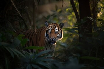 Fototapeta na wymiar a fierce tiger stalking through the dense jungle during the golden hour of the evening, highlighting the intricate patterns of its fur and the intensity of its gaze, ai generated 