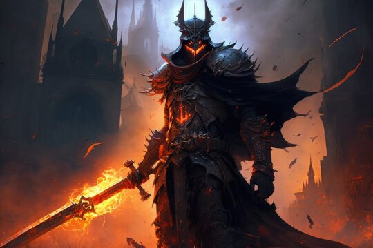 Demon knight in heavy armor, he is an armageddon knight with darkness in his heart, generative ai