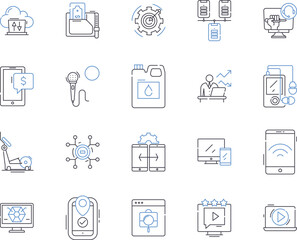 Appliances and computers outline icons collection. Appliances, Computers, Refrigerators, Washers, Dryers, Dishwashers, Microwaves vector and illustration concept set. Monitors, Keyboards, Routers
