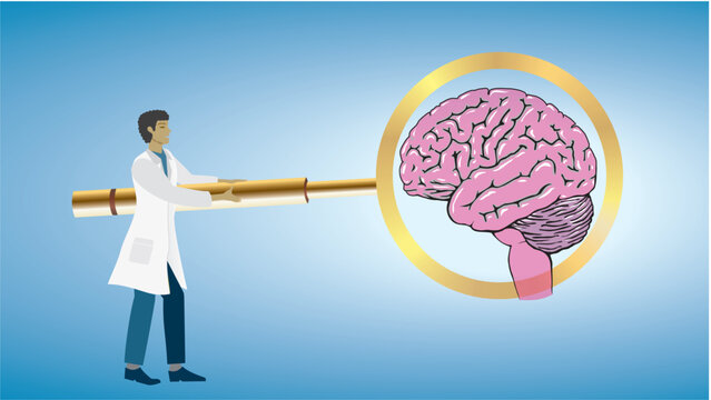 Man with big magnifying glass examine the brain. Dimension 16:9. Vector illustration. You can find other organs with same design in portfolio. People have different orgins and sex.