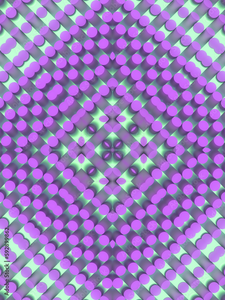 Poster Group of cylinders with a trendy neon colored gradient. Abstract kaleidoscopic background. 3d rendering illustration