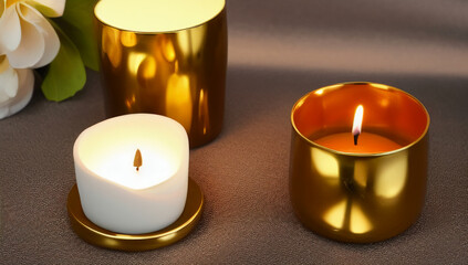 Candles on the table. Still life with beautiful burning candles on a gray surface. Home interior. International Candlelight Day. Generated AI.