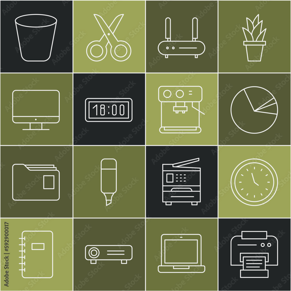 Poster set line printer, clock, pie chart infographic, router and wi-fi signal, digital alarm clock, comput