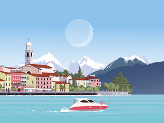 Panoramic view to the center of Salo at the lake Garda in Italy, Lombardia with alpes and blue sky Illustration in minimalist style.