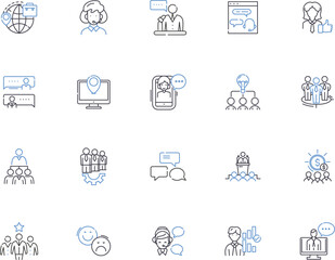 Public relations agency outline icons collection. Public, Relations, Agency, PR, PR Agency, Communications, Branding vector and illustration concept set. Promotion, Strategy, Media linear signs