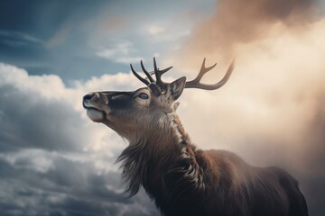 Heavenly Reindeer Amidst a Serene Cloudscape: A Majestic Vision of Tranquility and Grace. Generative AI