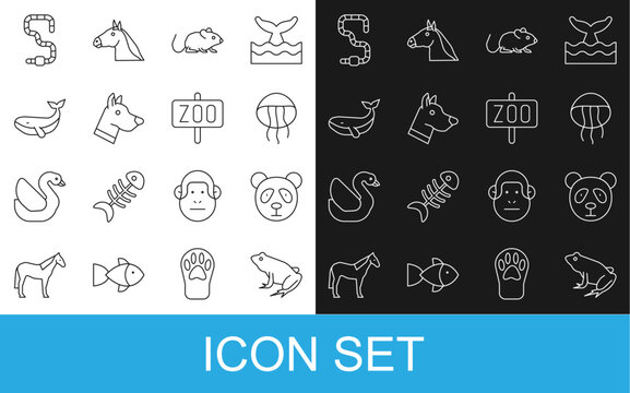Set line Frog, Cute panda face, Jellyfish, Rat, Dog head, Whale, Worm and Zoo park icon. Vector