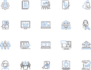 Product management outline icons collection. Product, Management, Development, Strategy, Design, Analysis, Sourcing vector and illustration concept set. Innovation, Quality, Planning linear signs