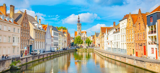 Scenic view of Bruges old town with water canal, Belgium travel photo