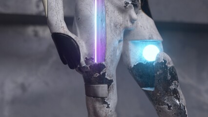 Art concept. Close-up of lower part of the gray marble sculpture. Glowing neon parts of the...