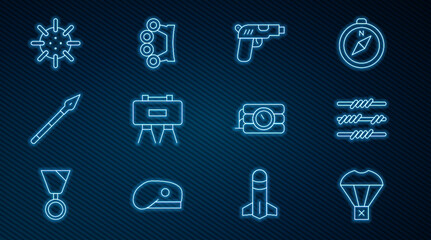 Set line Box flying on parachute, Barbed wire, Pistol or gun, Military mine, Medieval spear, Naval, Dynamite and timer clock and Brass knuckles icon. Vector