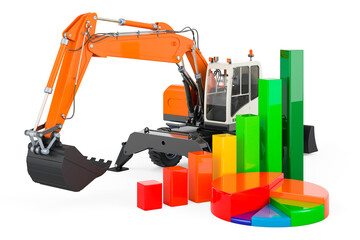 Excavator with growth bar graph and pie chart. 3D rendering