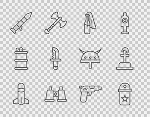 Set line Rocket, Chevron, Cocktail molotov, Binoculars, launcher, Military knife, Pistol or gun and Soldier grave icon. Vector