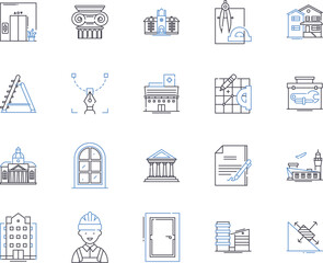 Engineering tools outline icons collection. Tools, Engineering, Instrument, Drill, Wrench, Saw, Screwdriver vector and illustration concept set. Cement, Hammer, Clamp linear signs