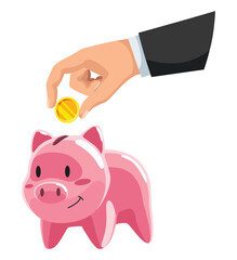 Piggy bank savings and hand with coin. Moneybox in form of pig and coins falling. Crowd funding and savings concept. Accumulation of money or investment