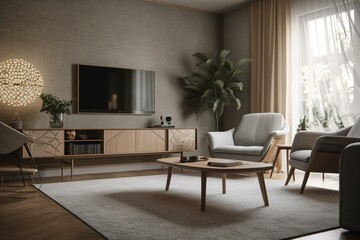 Modern interior of living room with armchair and place for TV, concept of Minimalism and Comfort, created with Generative AI technology