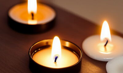Tea candles on the table in a romantic setting. Burning romantic candles. International Candlelight Day. Generated AI.