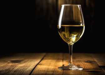 Wineglass of white wine on a wooden table in a restaurant
