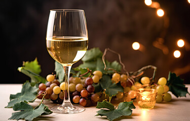Glass of white wine with bunch of grapes on wooden table in front of blurred lights