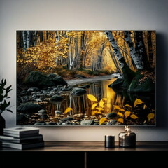 A detailed image of a serene forest at autumn with a small stream in a mockup is a visually appealing representation of the picturesque sight, serene forest and small stream, Generative Ai