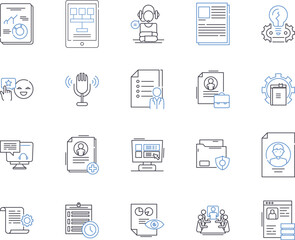 public relations outline icons collection. PR, Communications, Media, Promotion, Publicity, Reputation, Networks vector and illustration concept set. Influence, Branding, Engagement linear signs