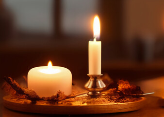 Obraz na płótnie Canvas Two beautiful romantic candles of different shapes and sizes on a wooden table. Burning romantic candles and other decorative items. International Candlelight Day. Generated AI.