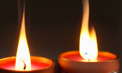 Two beautiful tea candles on the table in a romantic setting. Burning romantic candles. International Candlelight Day. Generated AI.