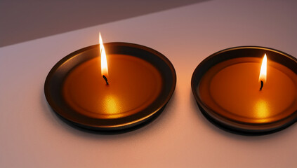 Two beautiful tea candles on the table. Burning romantic candles. International Candlelight Day. Generated AI.