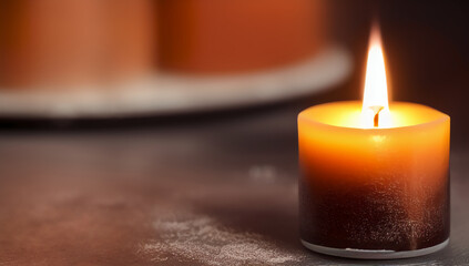 Obraz na płótnie Canvas A beautiful candle on a gray table. A burning romantic candle. International Candlelight Day. Generated AI.
