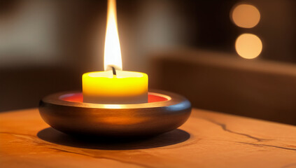 Obraz na płótnie Canvas A beautiful tea candle on a wooden table. A burning romantic candle. International Candlelight Day. Generated AI.