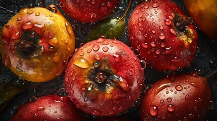 Fresh Miracle fruit Seamless Background with Glistening Droplets - Hasselblad Shot, Pro Color Grading, Soft Shadows, and High-End Retouching. Generative AI.