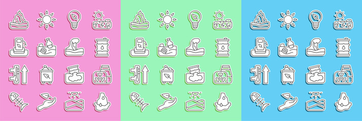Set line Glacier melting, Nuclear power plant, Barrel oil, Light bulb with leaf, Problem pollution of the ocean, Petrol or gas station, Iceberg and Tsunami icon. Vector