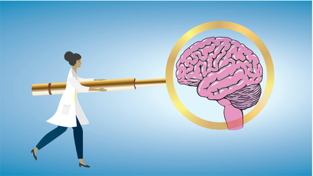 Woman with big magnifying glass examine the brain. Dimension 16:9. Vector illustration. You can find other organs with same design in portfolio. People have different orgins and sex.