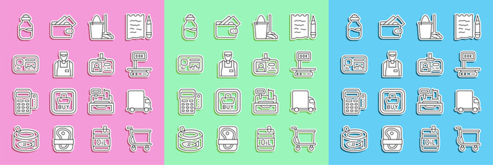 Set line Shopping cart, Delivery cargo truck, Electronic scales, Mop and bucket, Seller, Identification badge, Spice can and icon. Vector
