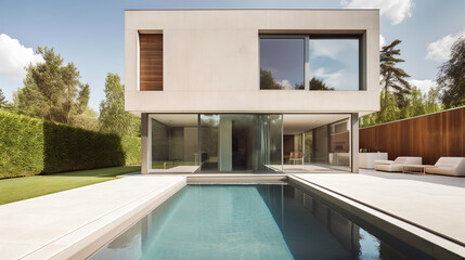 Fototapeta premium Modern house with swimming pool, exterior view. Generative ai and digital editing.